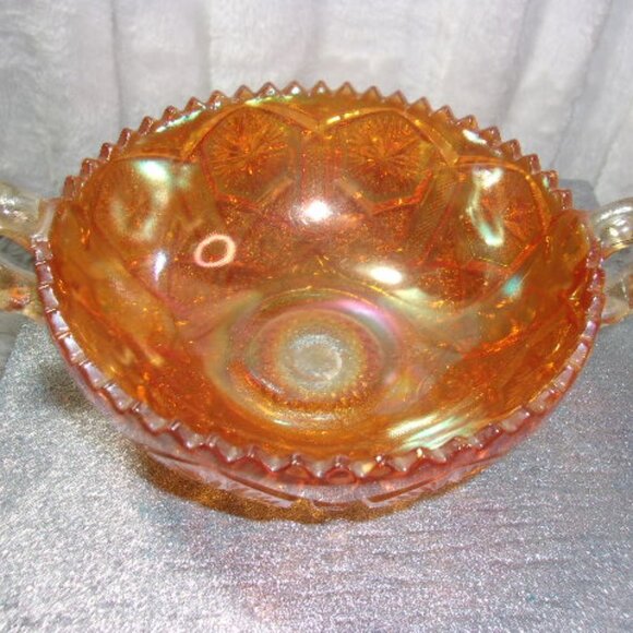 H-379 IMPERIAL STAR AND FILE HANDLED BOWL ORANGE CARNIVAL GLASS - Picture 2 of 13